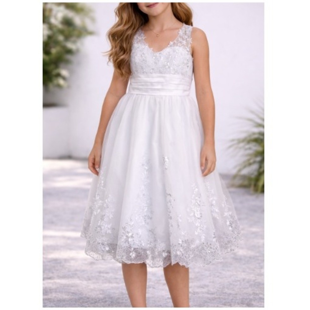Witness of Love Girls White Lace VNeck Sequin Tulle Cocktail Dress Size 10 NWT‎